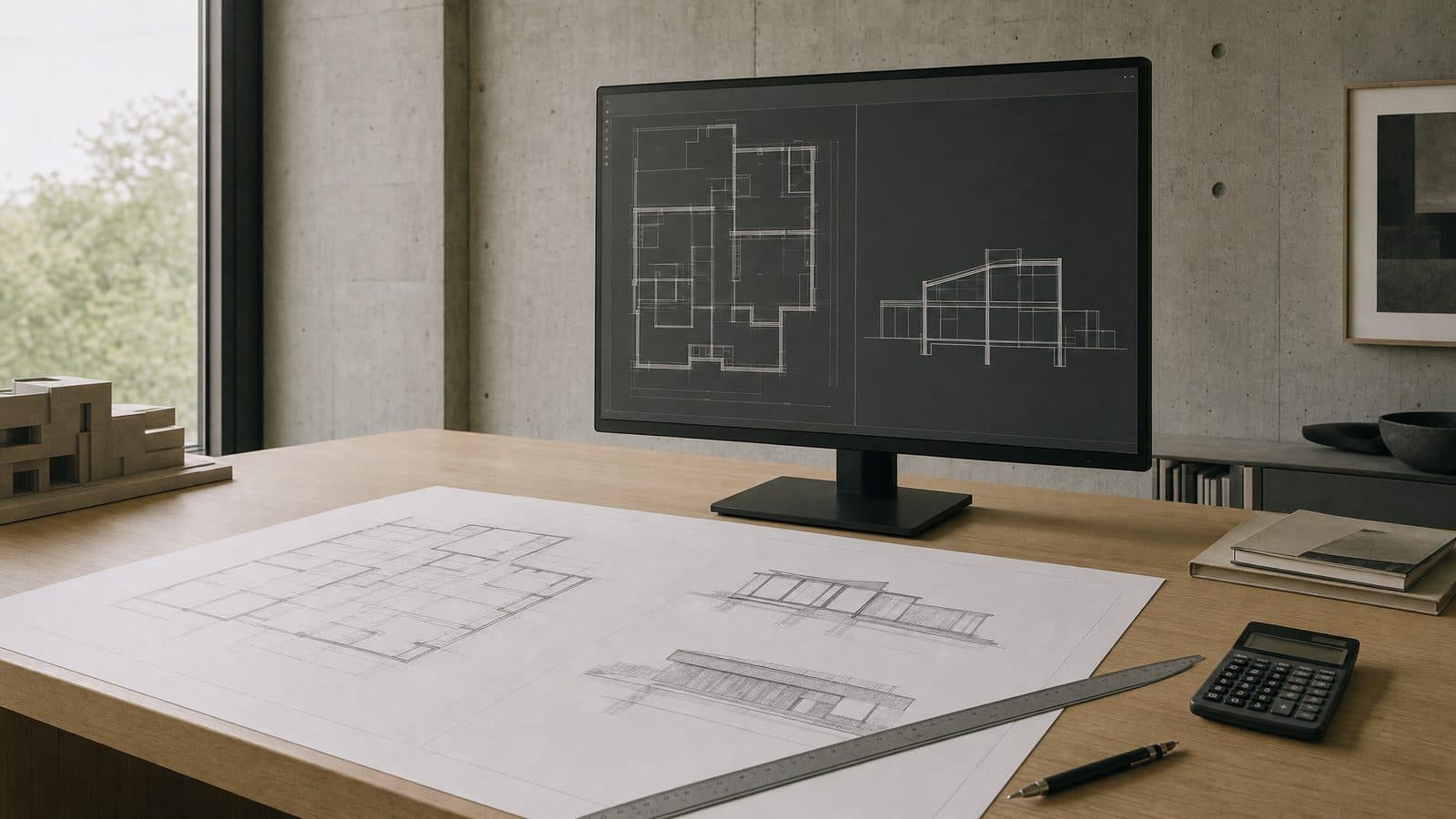 Çalışma masasında ekranda AutoCAD kat planı, yanında basılı kesit ve görünüş çizimleri, ölçek cetveli ve kalem (temsili görsel)