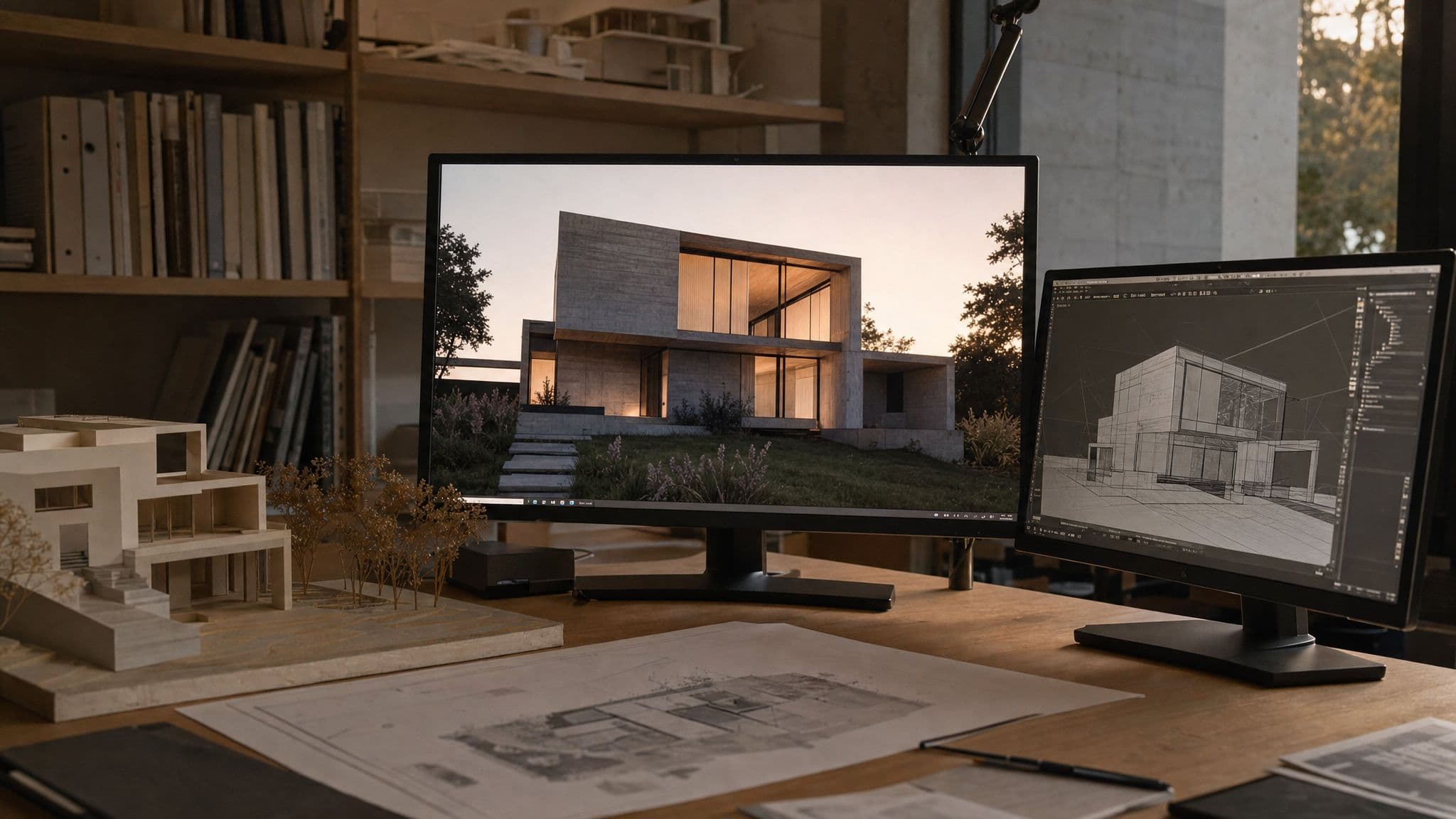 Masada bir ekranda dış cephe renderı, diğer ekranda aynı binanın gri modeli (temsili görsel)