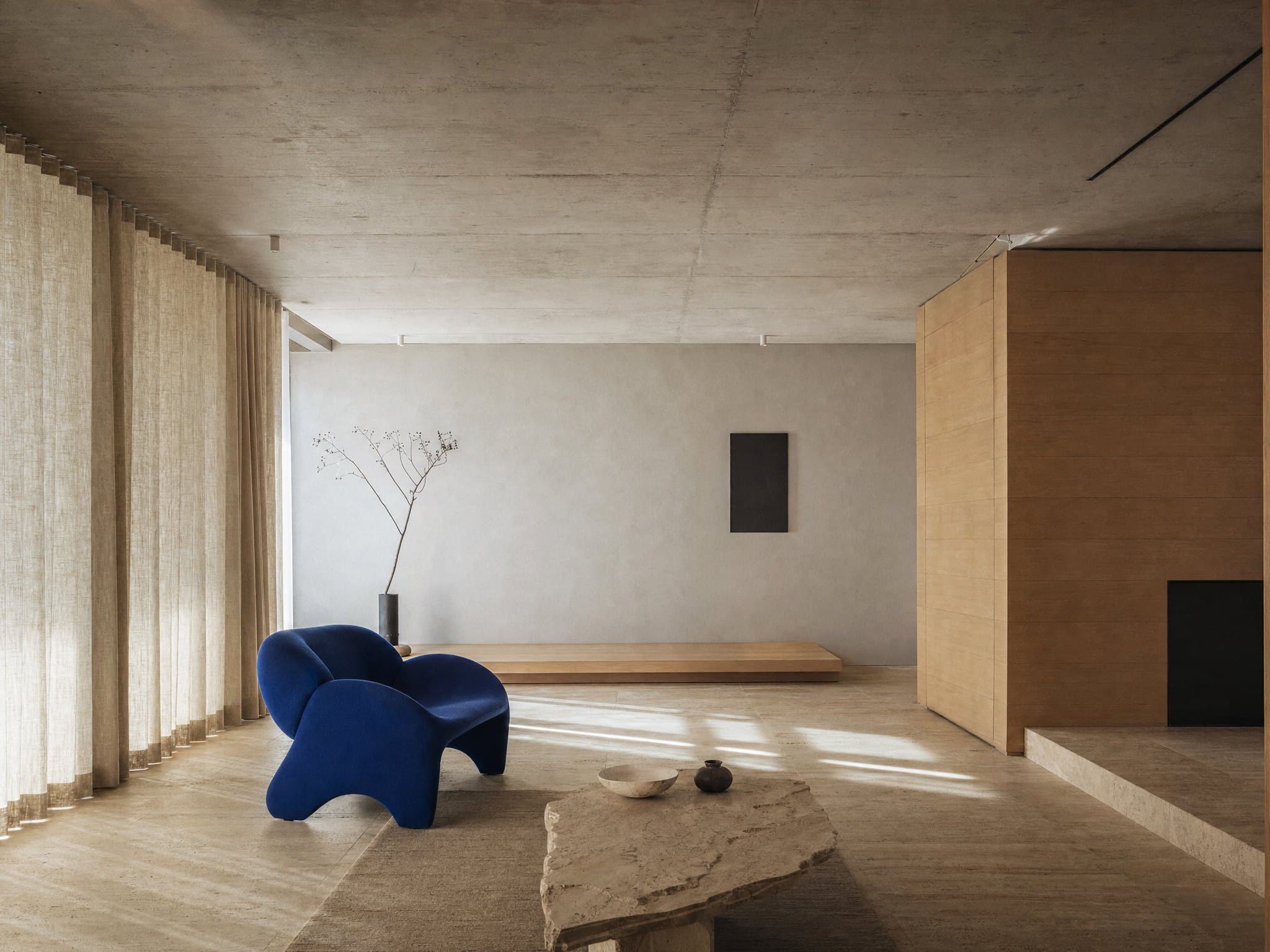 Minimal oturma odasının fotogerçekçi iç mekân renderı