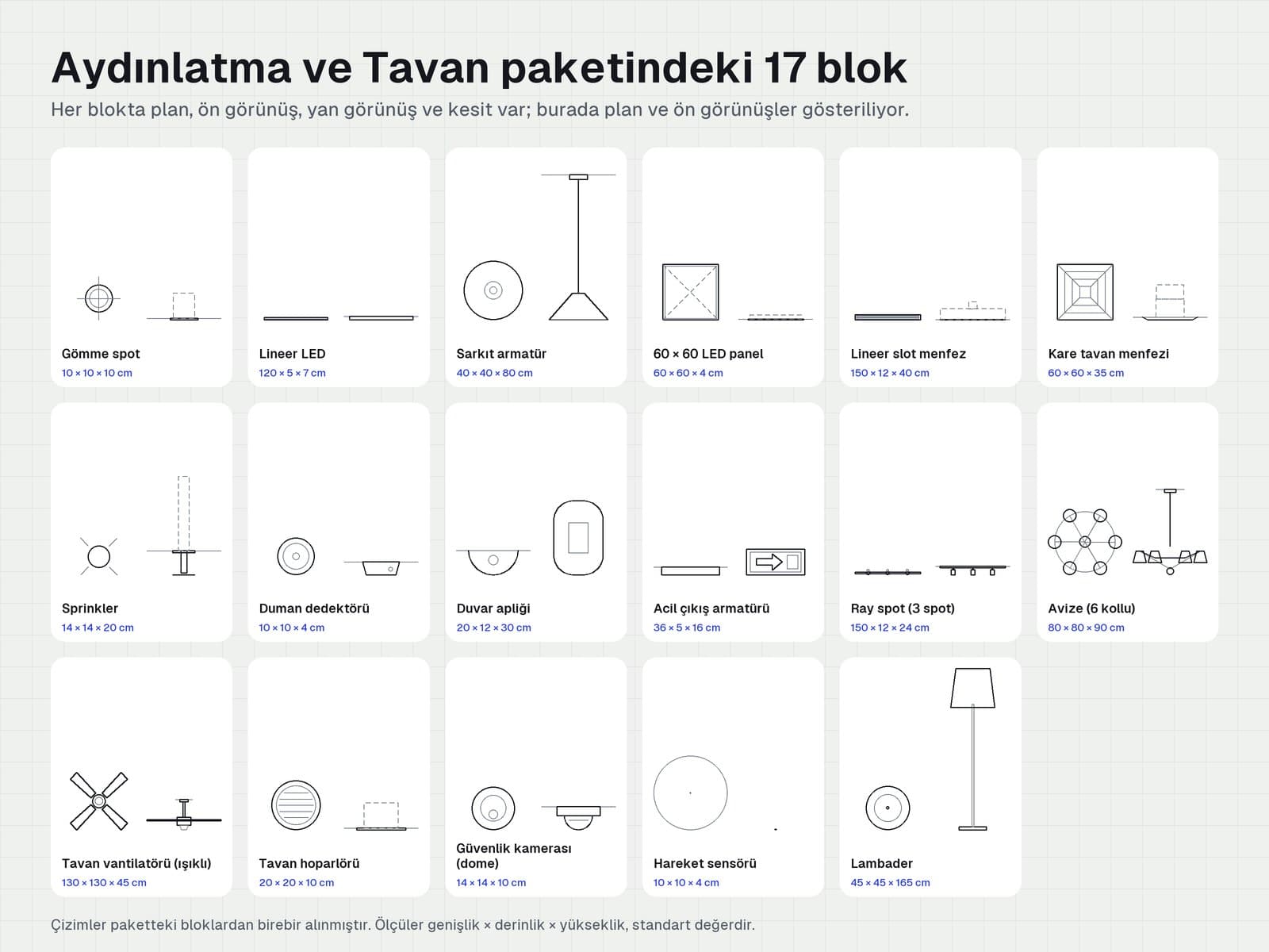 Aydınlatma ve Tavan paketindeki 17 bloğun plan, ön, yan görünüş ve kesitleri