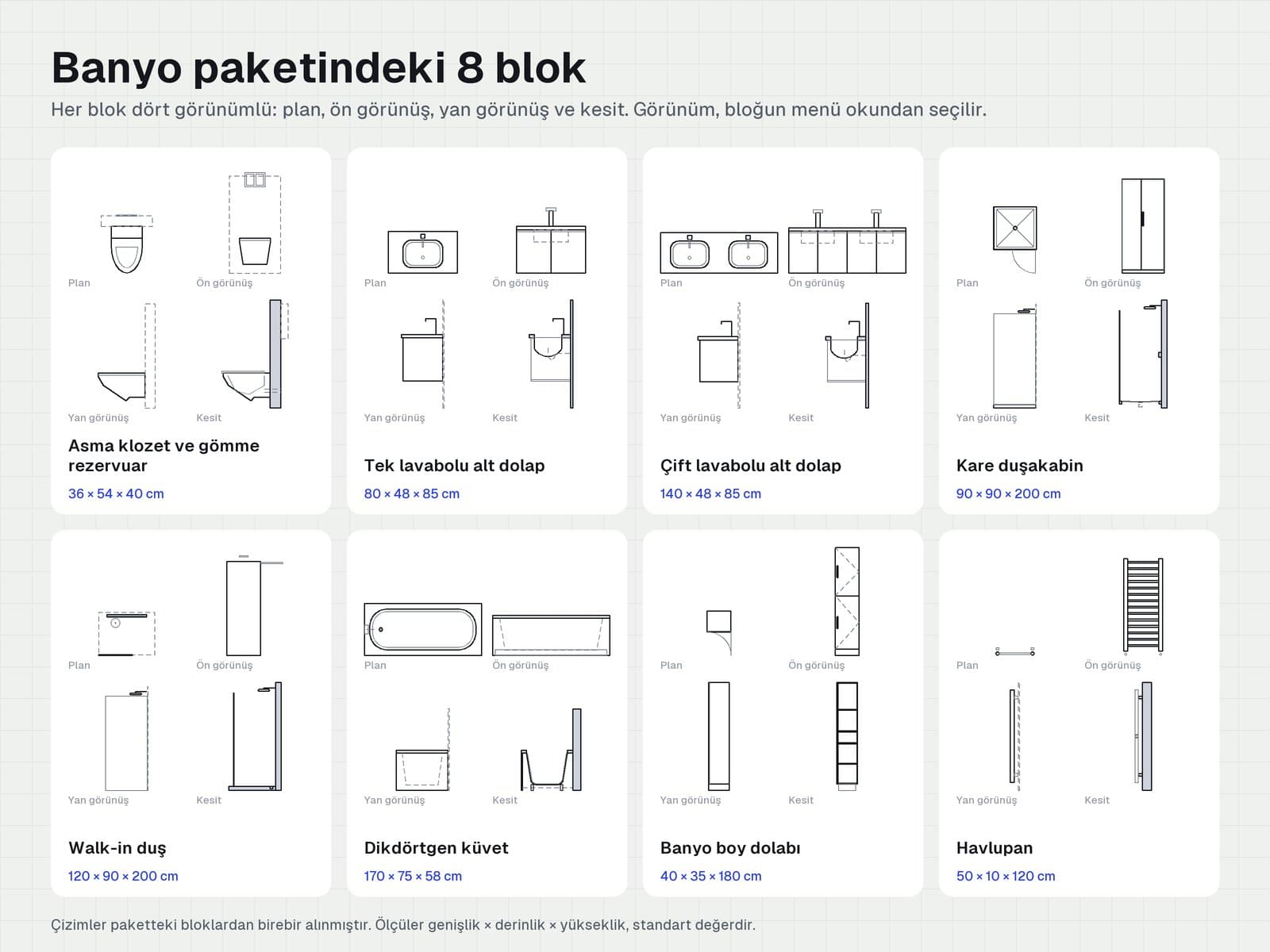 Banyo paketindeki 8 bloğun plan, ön, yan görünüş ve kesitleri