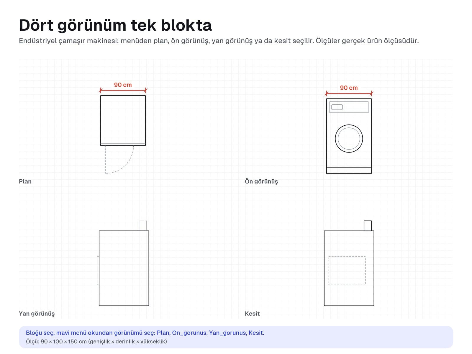 Endüstriyel çamaşır makinesinin plan, ön görünüş, yan görünüş ve kesiti
