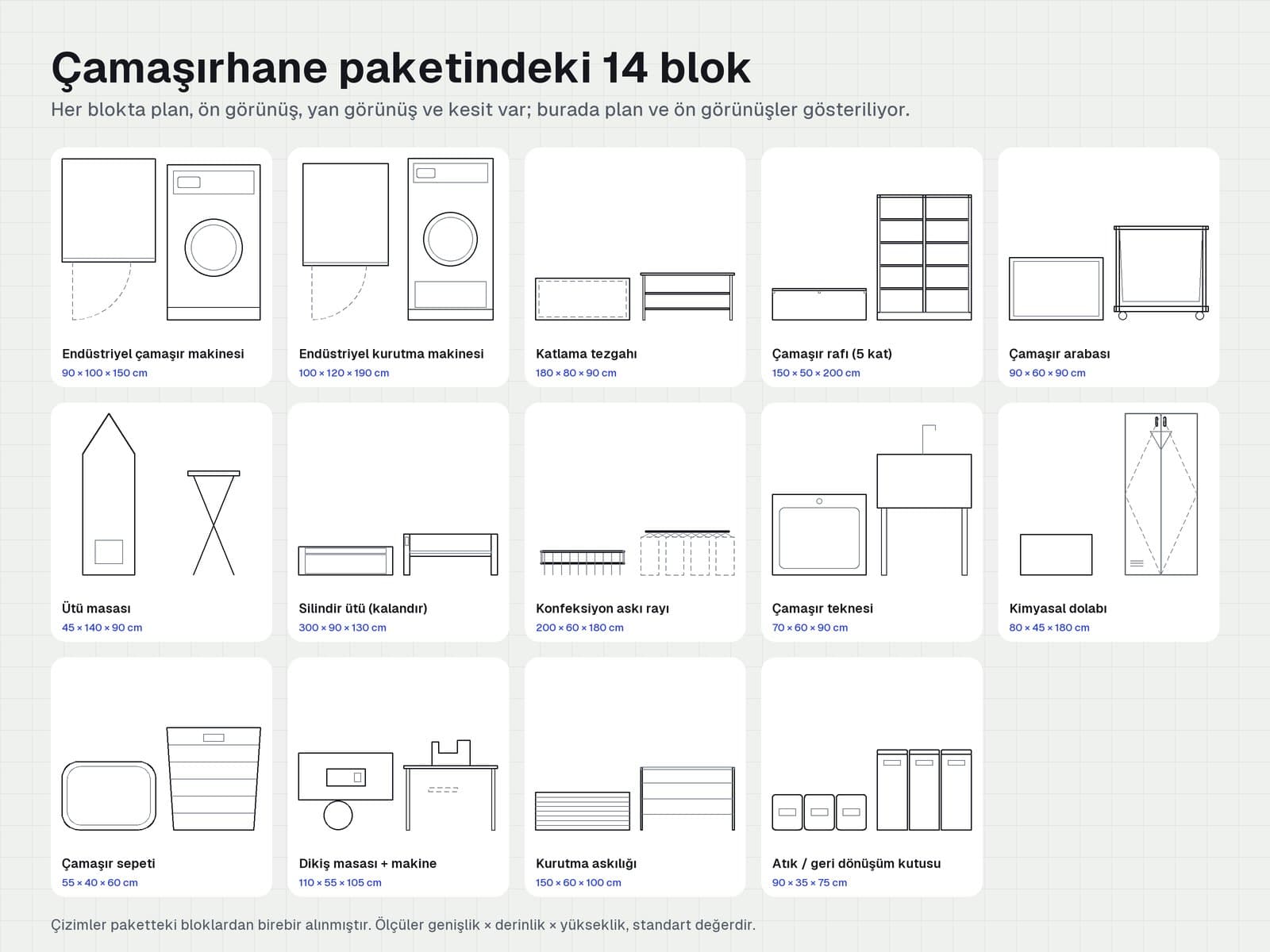 Çamaşırhane paketindeki 14 bloğun plan, ön, yan görünüş ve kesitleri