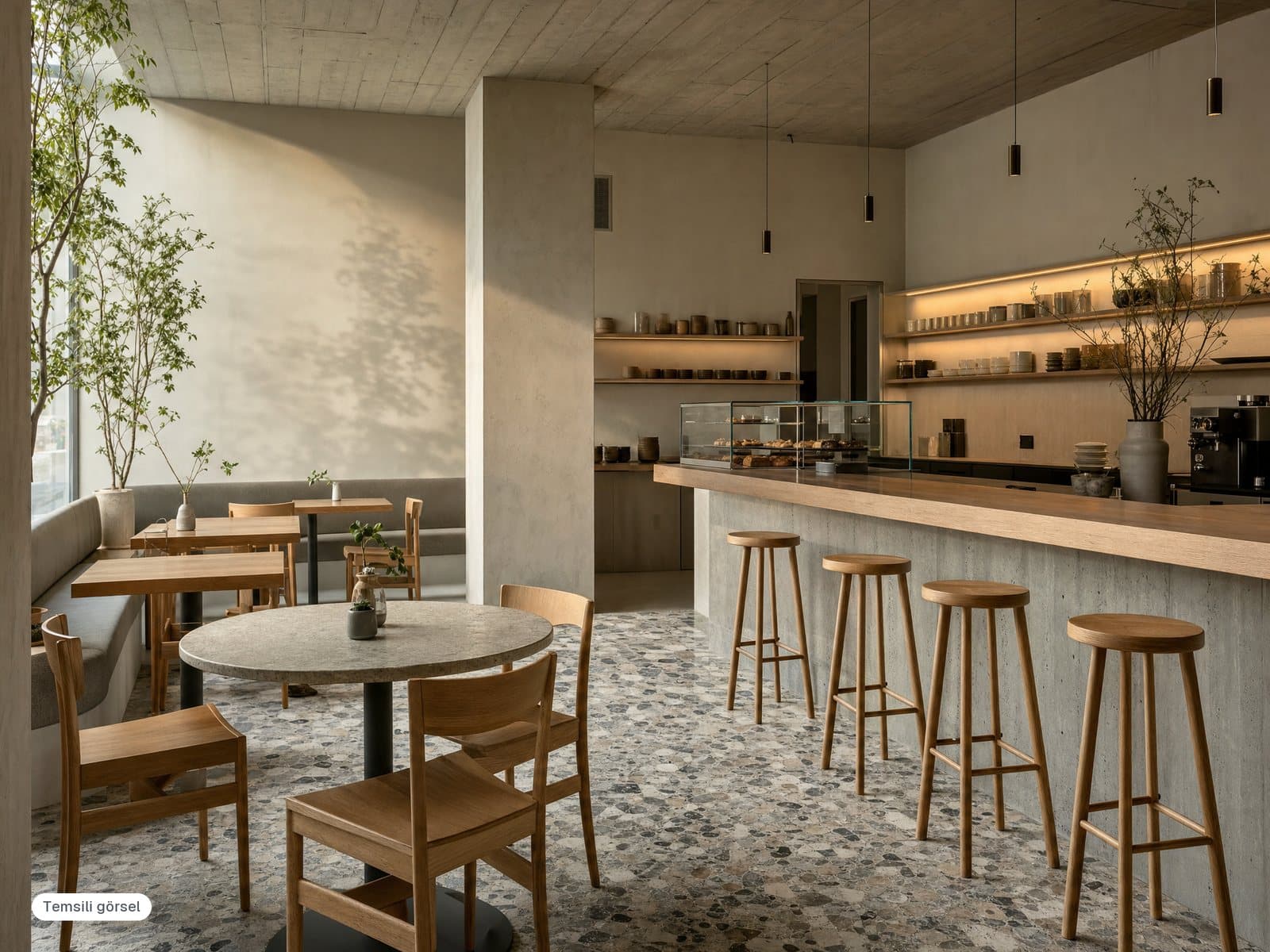 Masalar, booth oturma ve bar tezgahı olan modern bir kafe (temsili görsel)