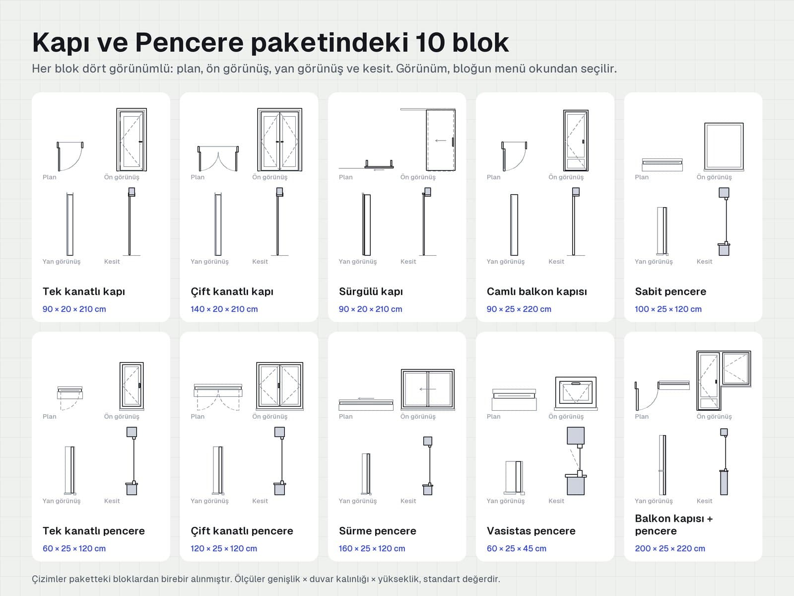 Kapı ve pencere paketindeki 10 bloğun plan, ön, yan görünüş ve kesitleri