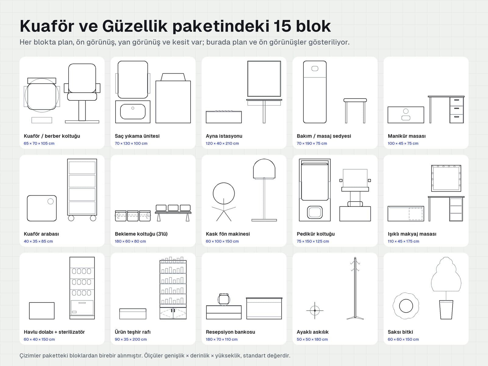 Kuaför ve Güzellik paketindeki 15 bloğun plan, ön, yan görünüş ve kesitleri
