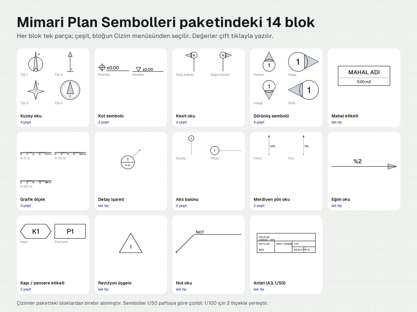 Mimari Plan Sembolleri paketindeki 14 sembolün bütün çeşitleri