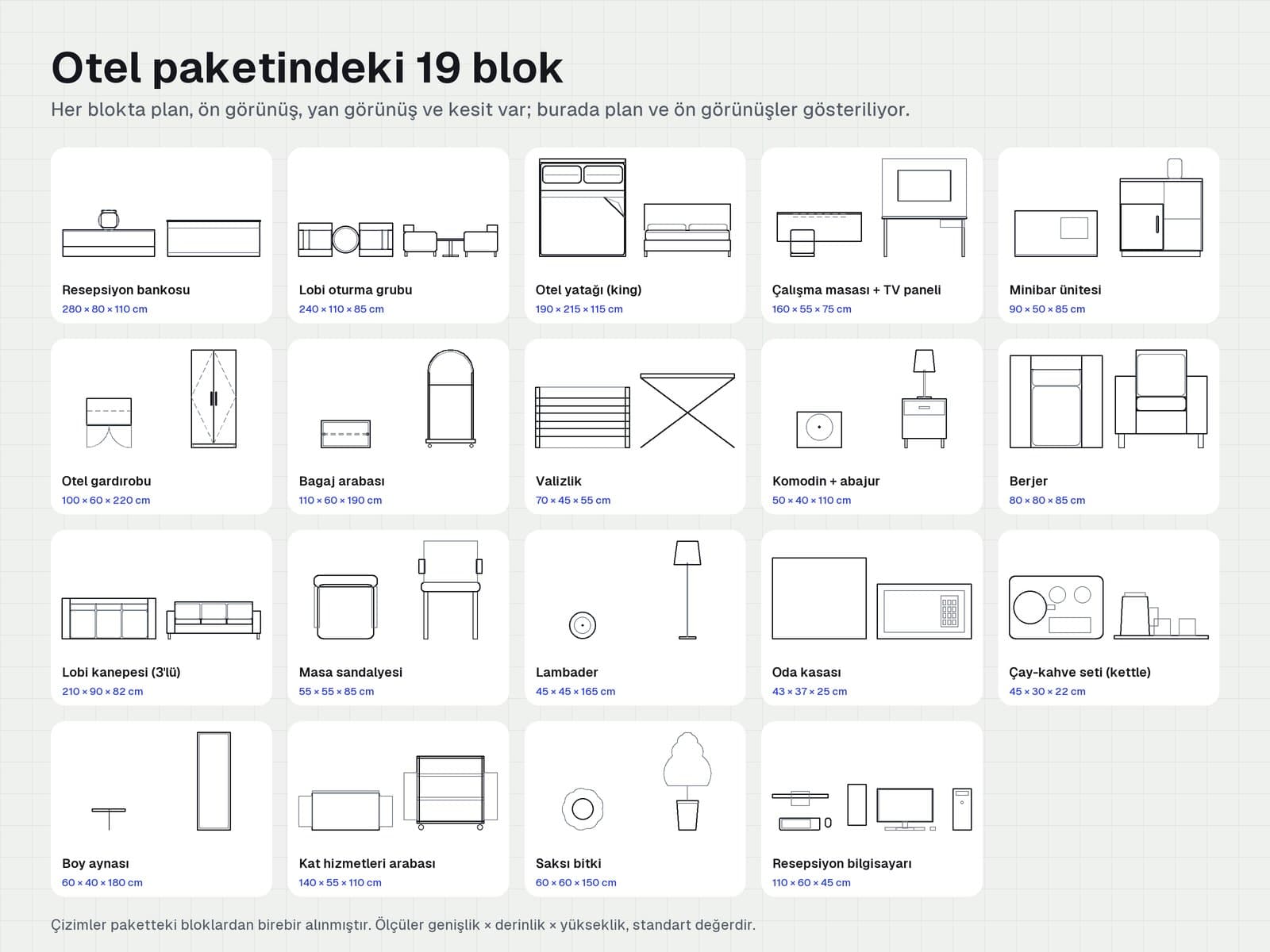 Otel paketindeki 19 bloğun plan, ön, yan görünüş ve kesitleri