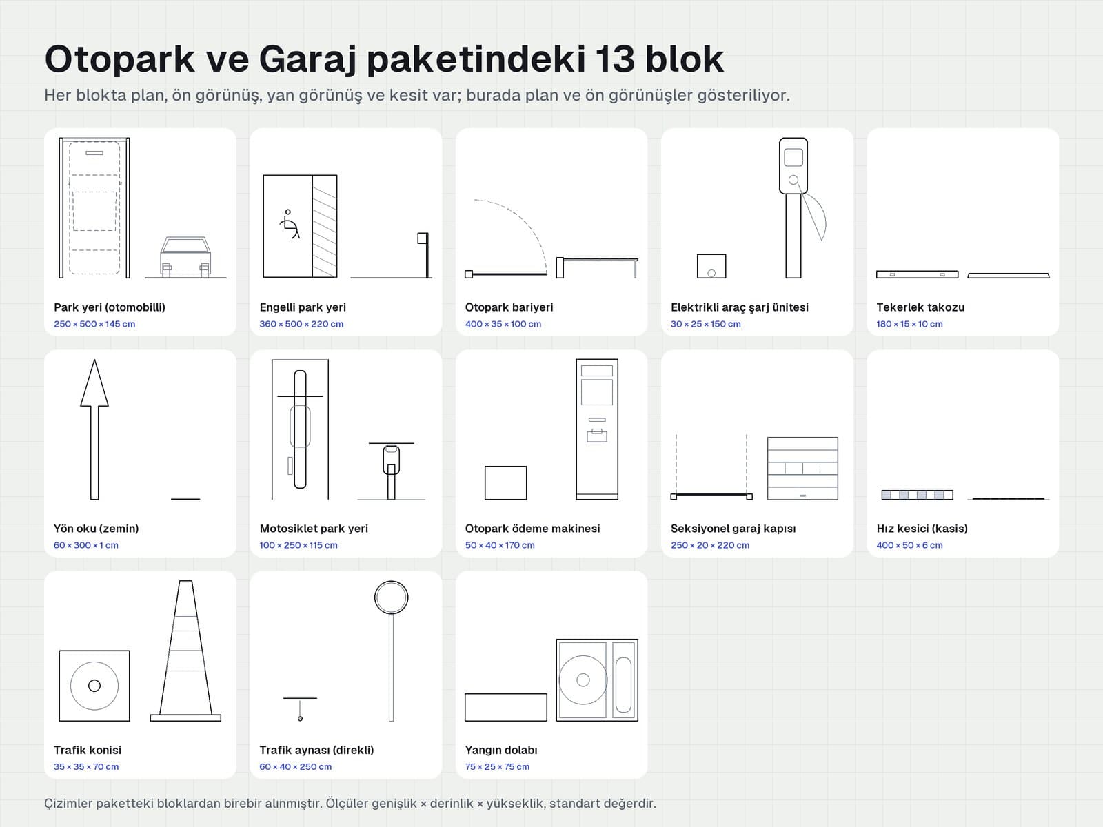 Otopark ve Garaj paketindeki 13 bloğun plan, ön, yan görünüş ve kesitleri