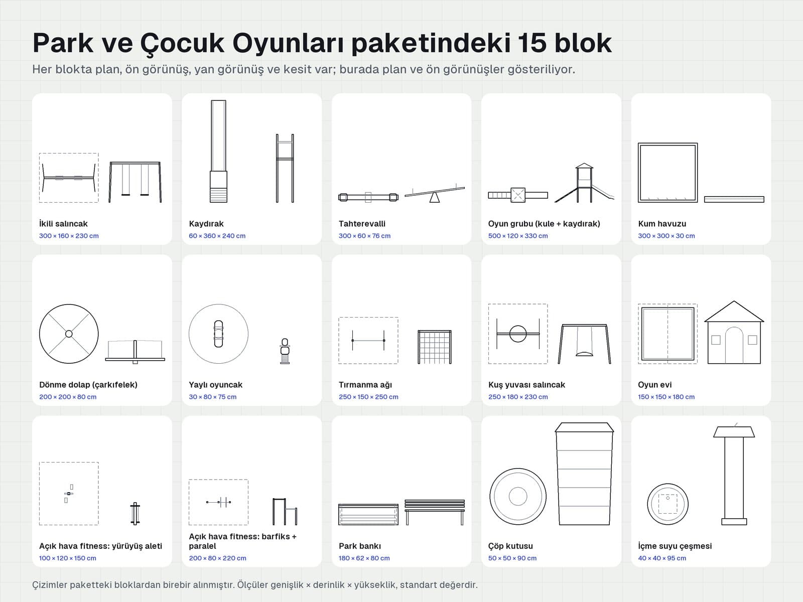 Park ve Çocuk Oyunları paketindeki 15 bloğun plan, ön, yan görünüş ve kesitleri