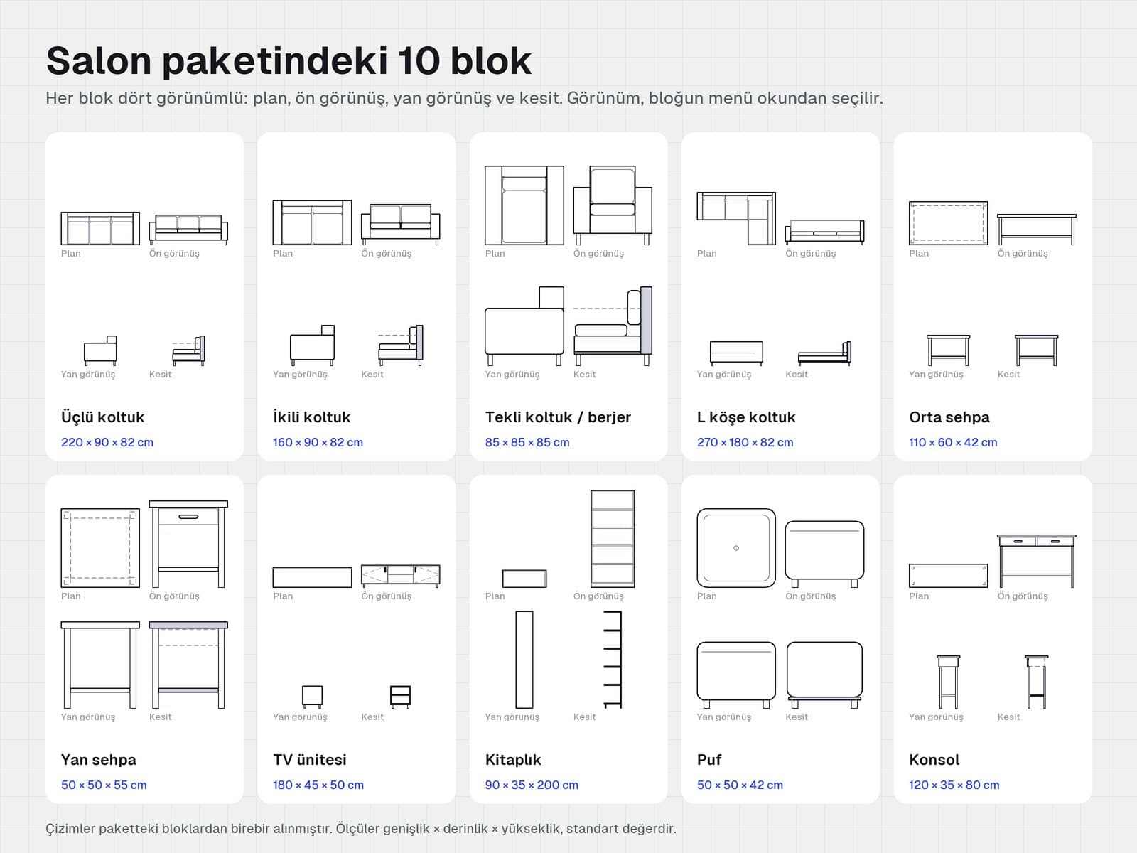 Salon paketindeki 10 bloğun plan, ön, yan görünüş ve kesitleri