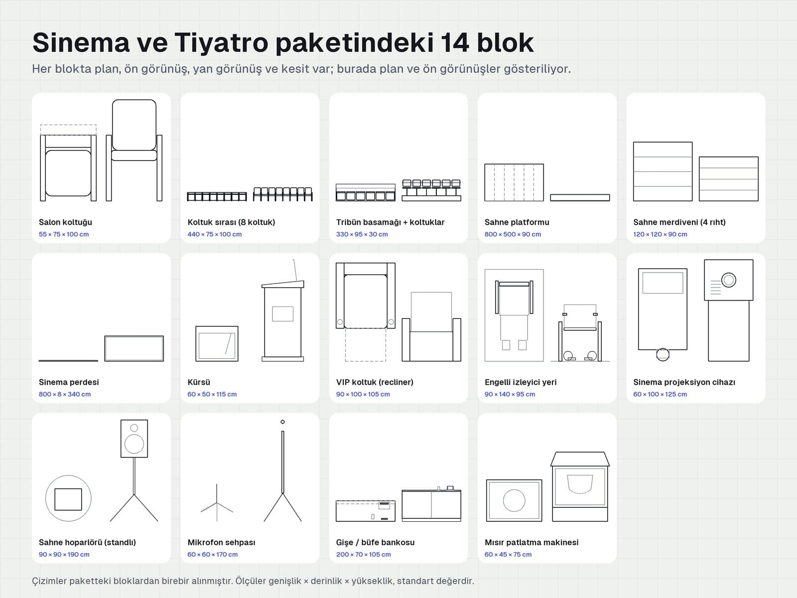 Sinema ve Tiyatro paketindeki 14 bloğun plan, ön, yan görünüş ve kesitleri