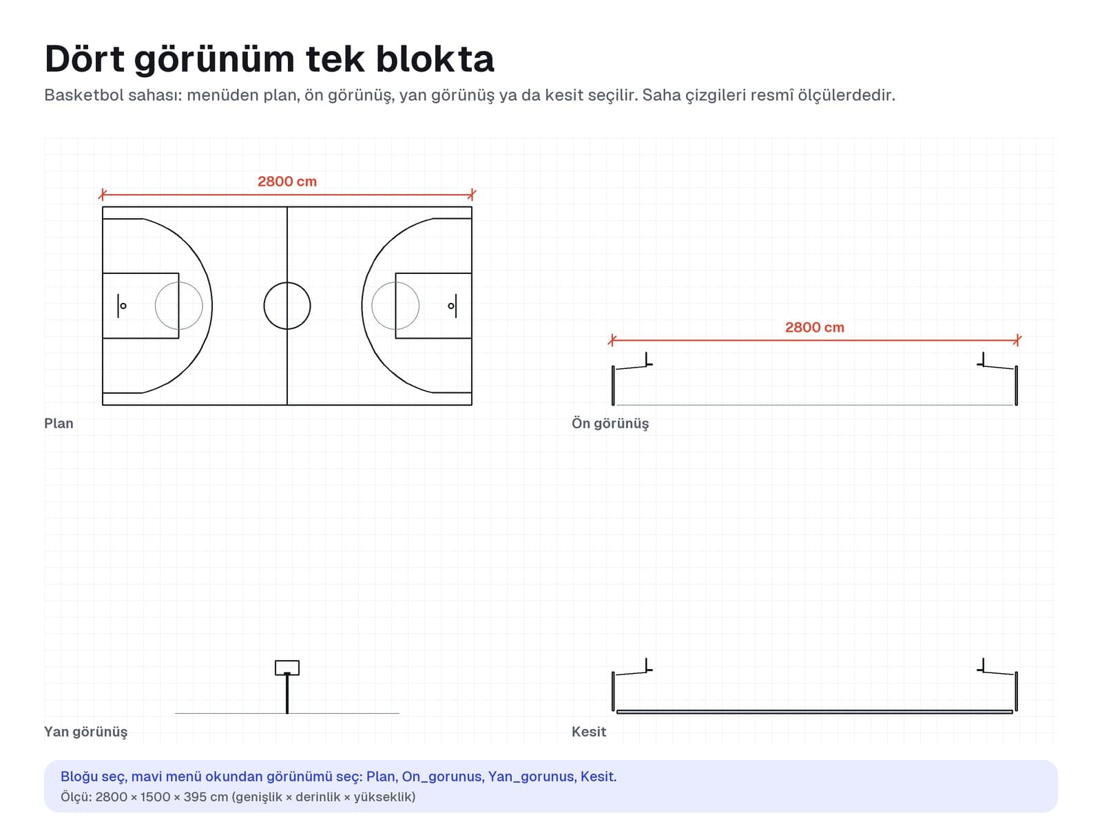Basketbol sahasının plan, ön görünüş, yan görünüş ve kesiti
