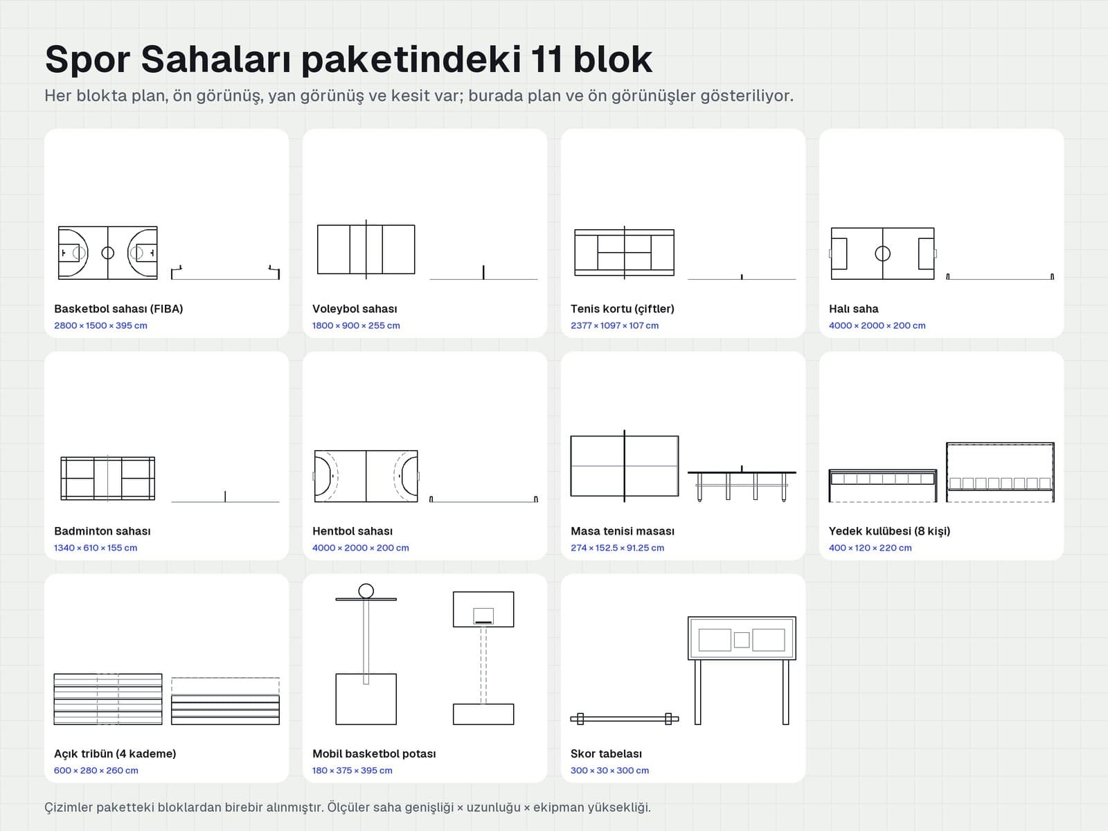Spor Sahaları paketindeki 11 bloğun plan, ön, yan görünüş ve kesitleri