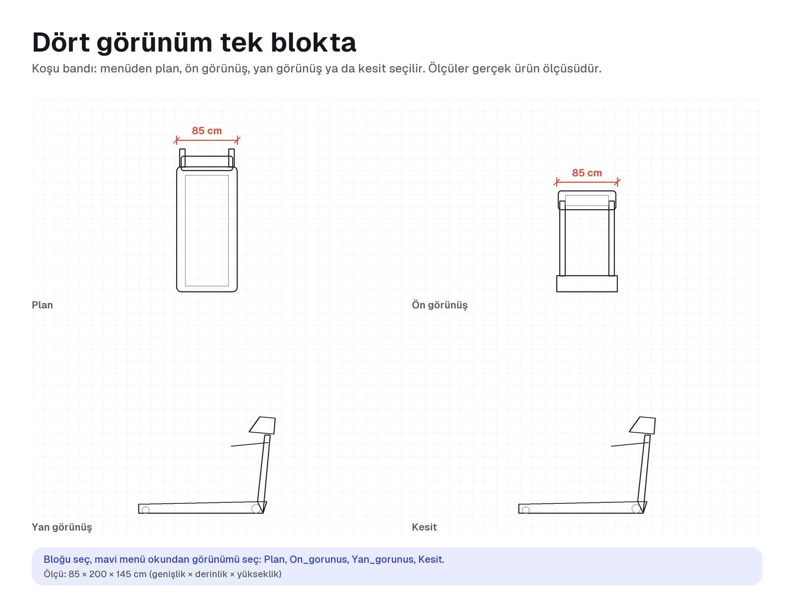 Koşu bandının plan, ön görünüş, yan görünüş ve kesiti