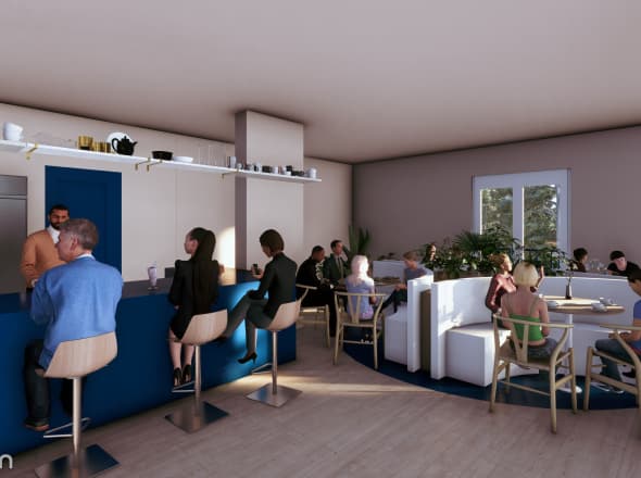 İç mekân render: sosyal alan ve kafe