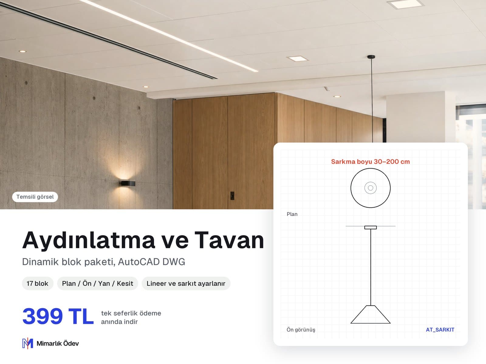 Aydınlatma ve Tavan tefriş blokları DWG: örnek bloğun plan ve ön görünüşü