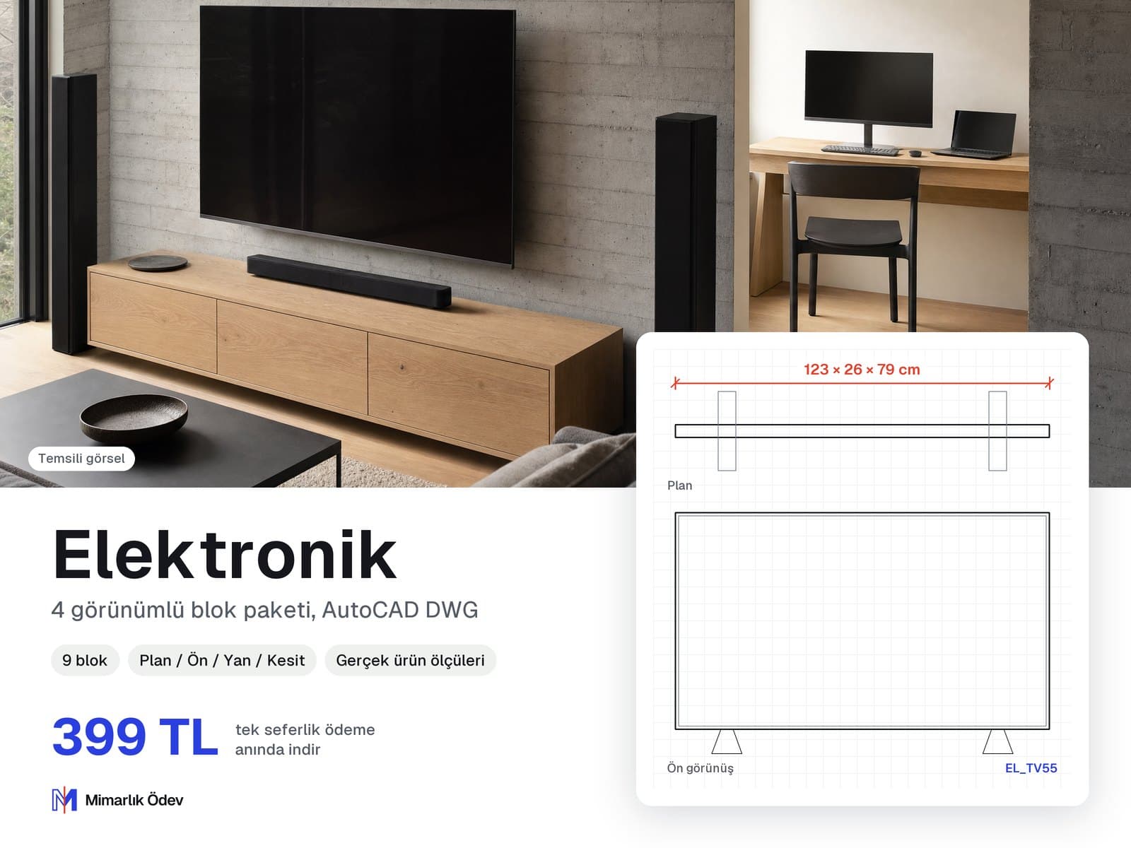 Elektronik tefriş blokları DWG: örnek bloğun plan ve ön görünüşü