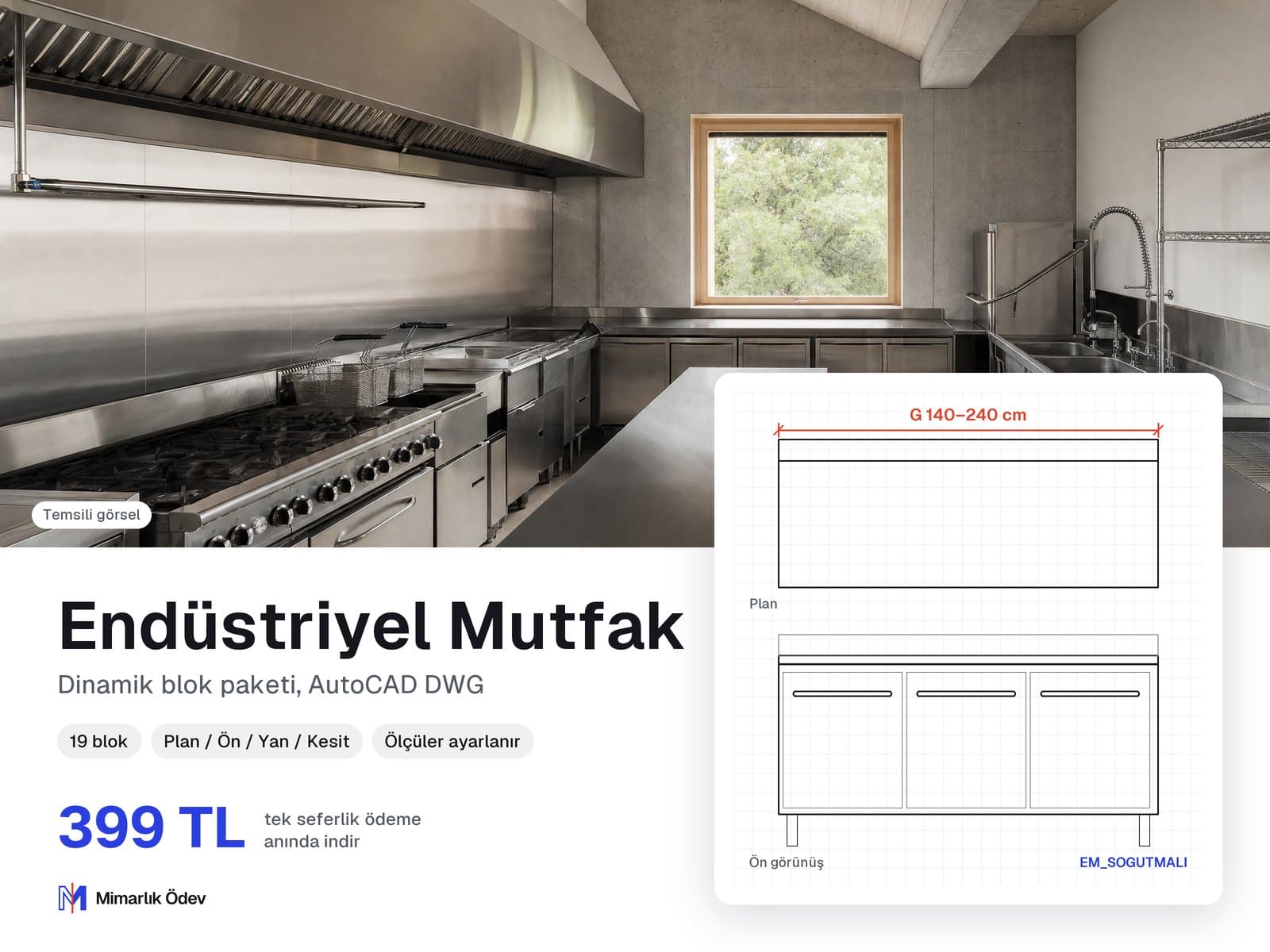 Endüstriyel Mutfak tefriş blokları DWG: örnek bloğun plan ve ön görünüşü