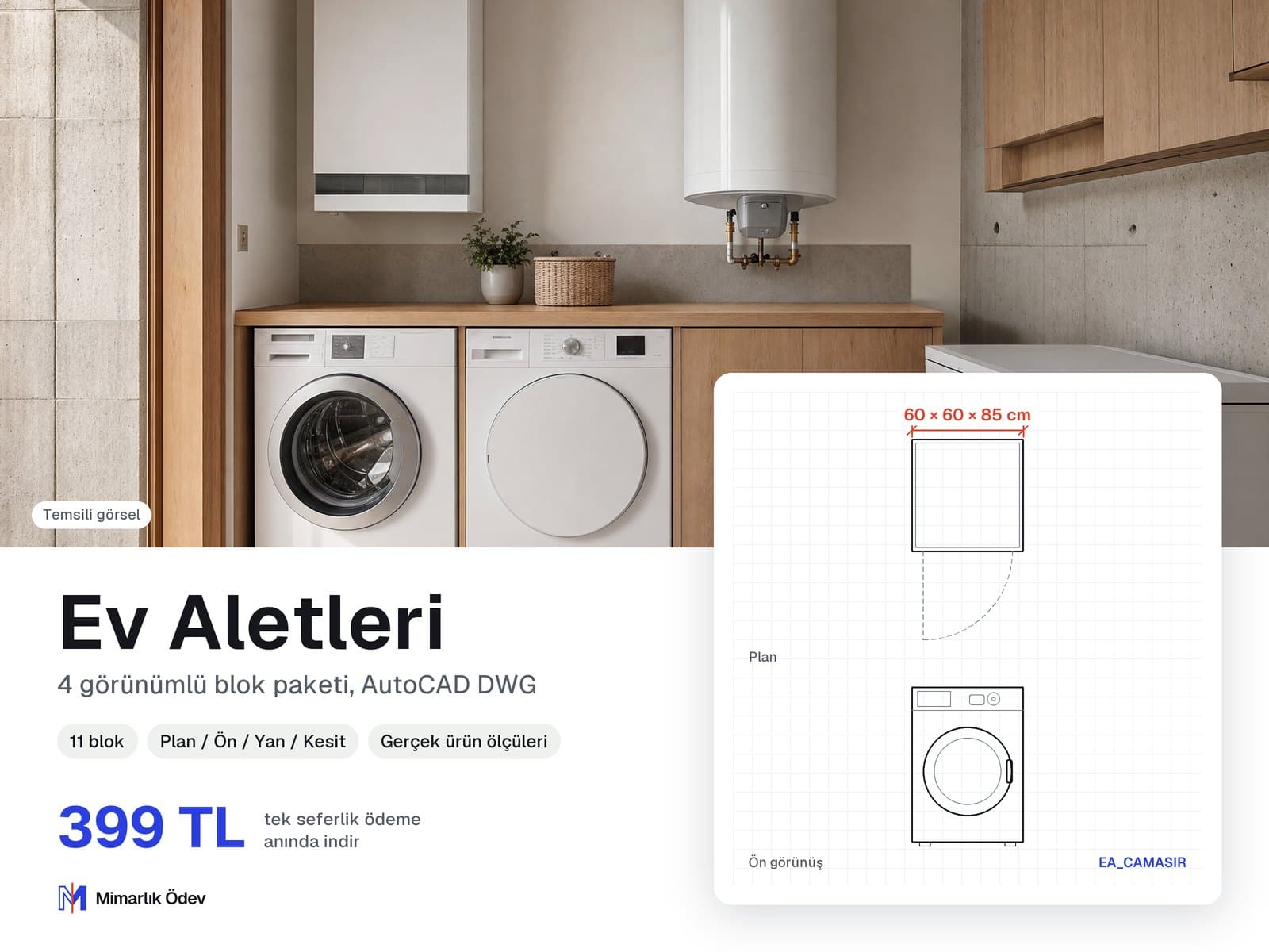 Ev Aletleri tefriş blokları DWG: örnek bloğun plan ve ön görünüşü