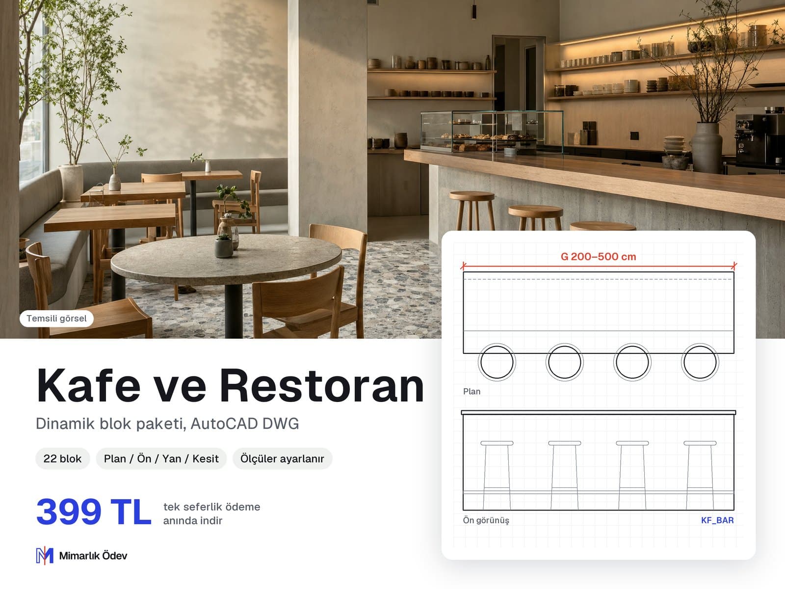 Kafe ve Restoran tefriş blokları DWG: örnek bloğun plan ve ön görünüşü