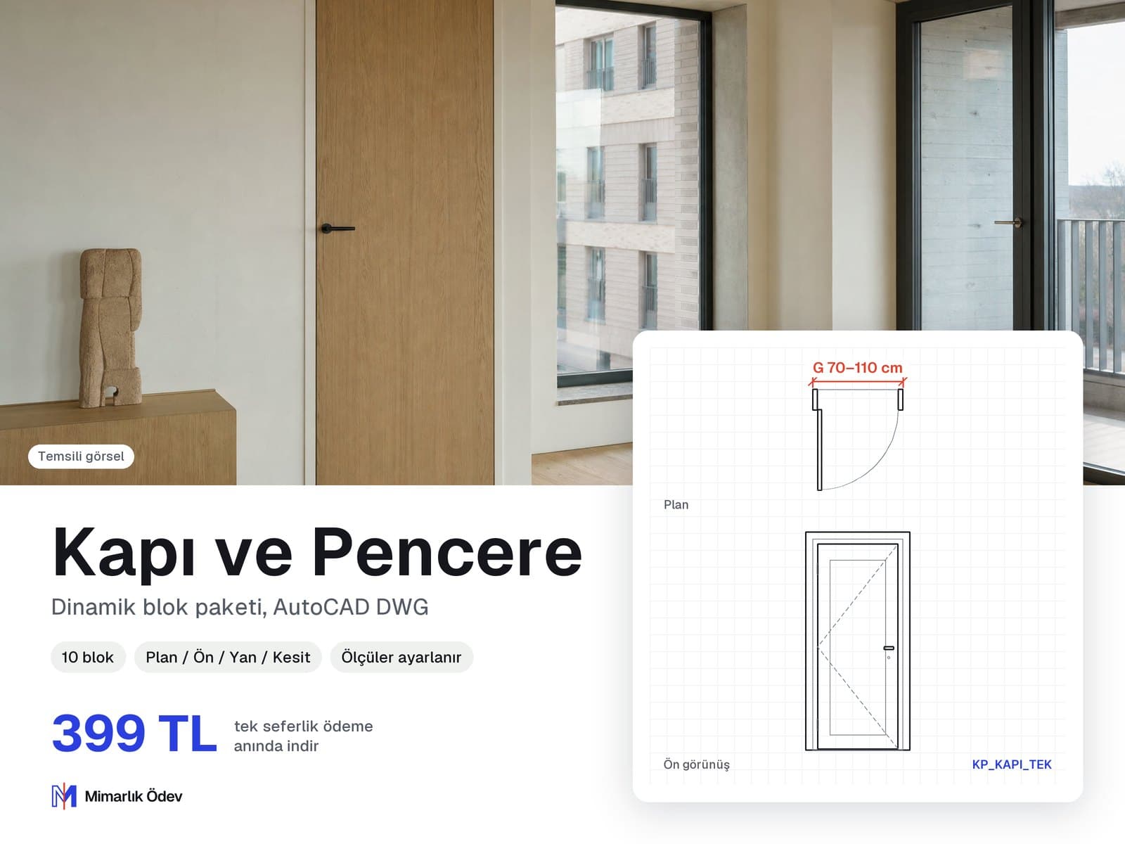 Kapı ve Pencere tefriş blokları DWG: örnek bloğun plan ve ön görünüşü