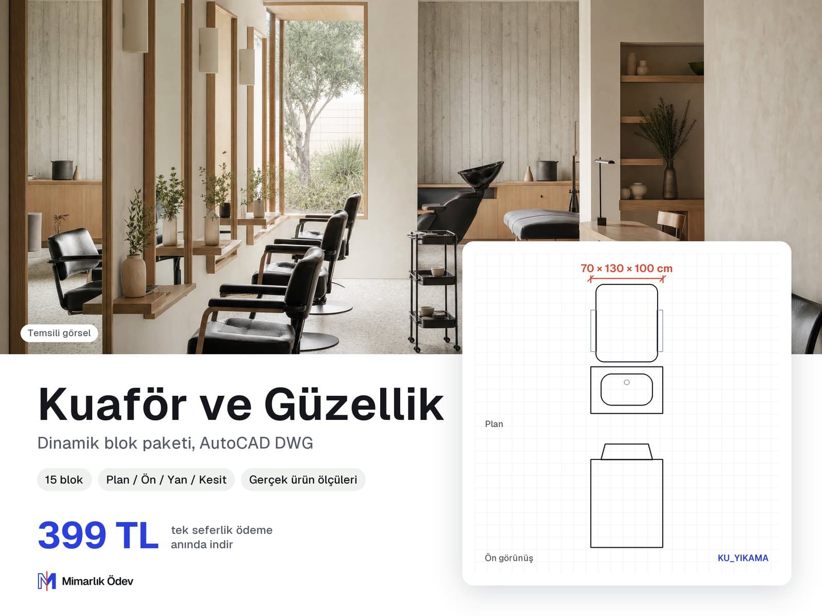 Kuaför ve Güzellik tefriş blokları DWG: örnek bloğun plan ve ön görünüşü