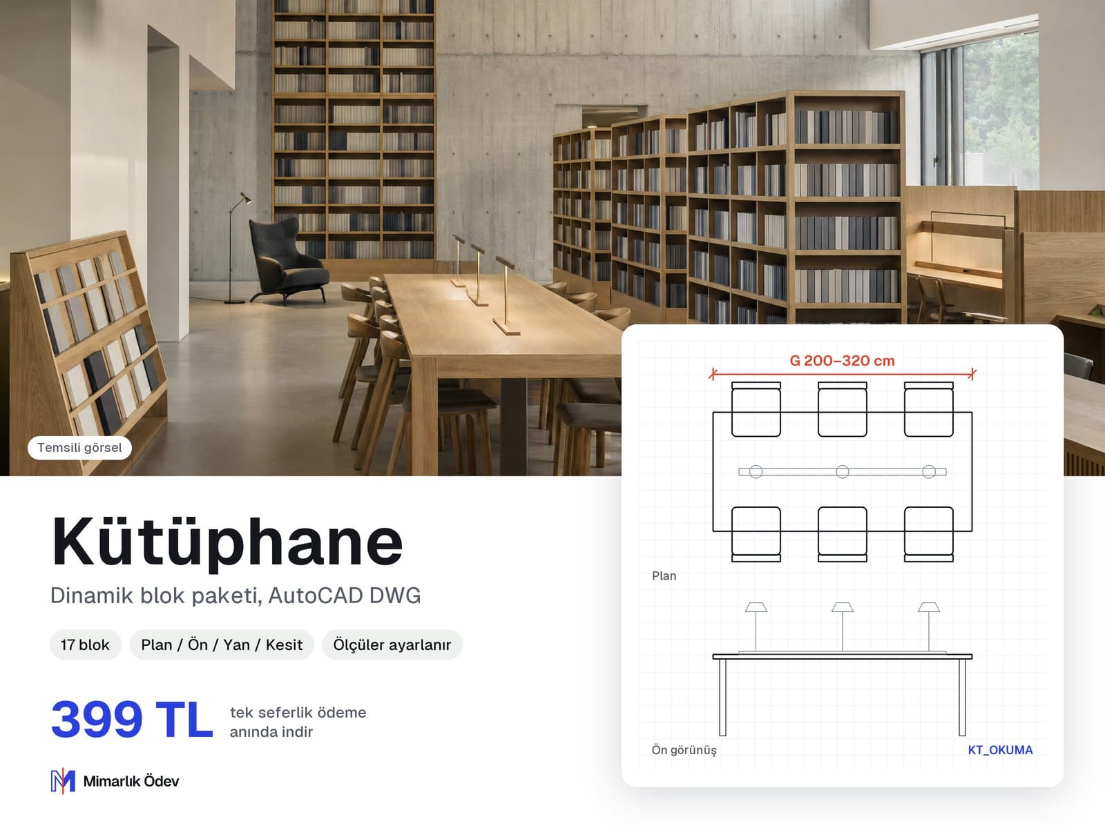 Kütüphane tefriş blokları DWG: örnek bloğun plan ve ön görünüşü