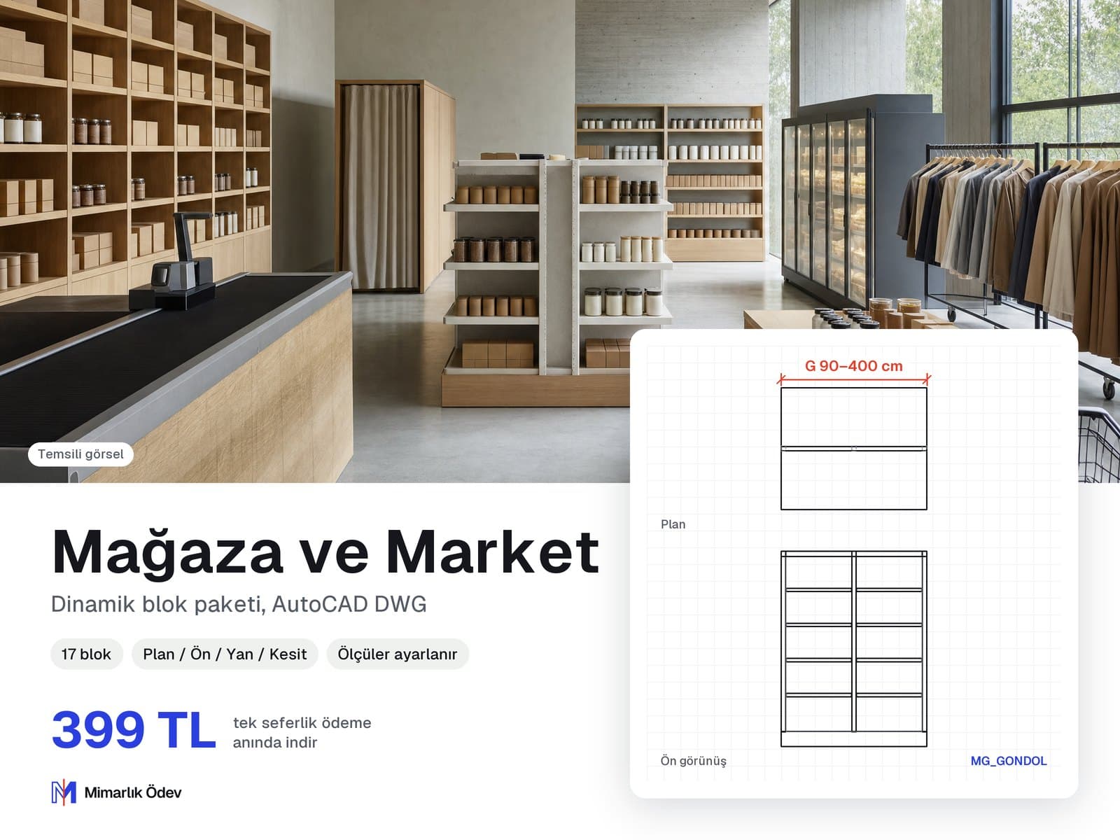 Mağaza ve Market tefriş blokları DWG: örnek bloğun plan ve ön görünüşü