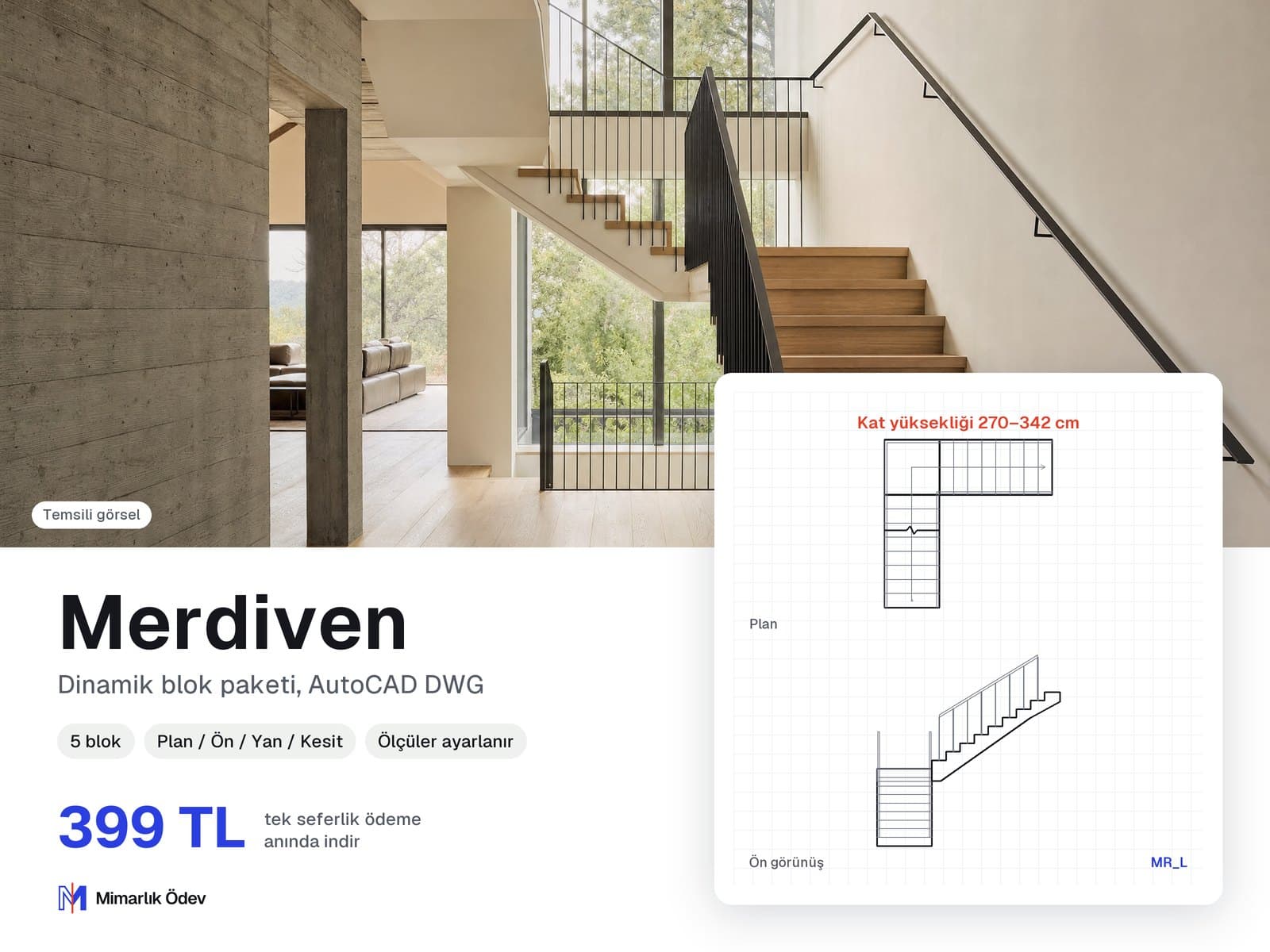 Merdiven tefriş blokları DWG: örnek bloğun plan ve ön görünüşü