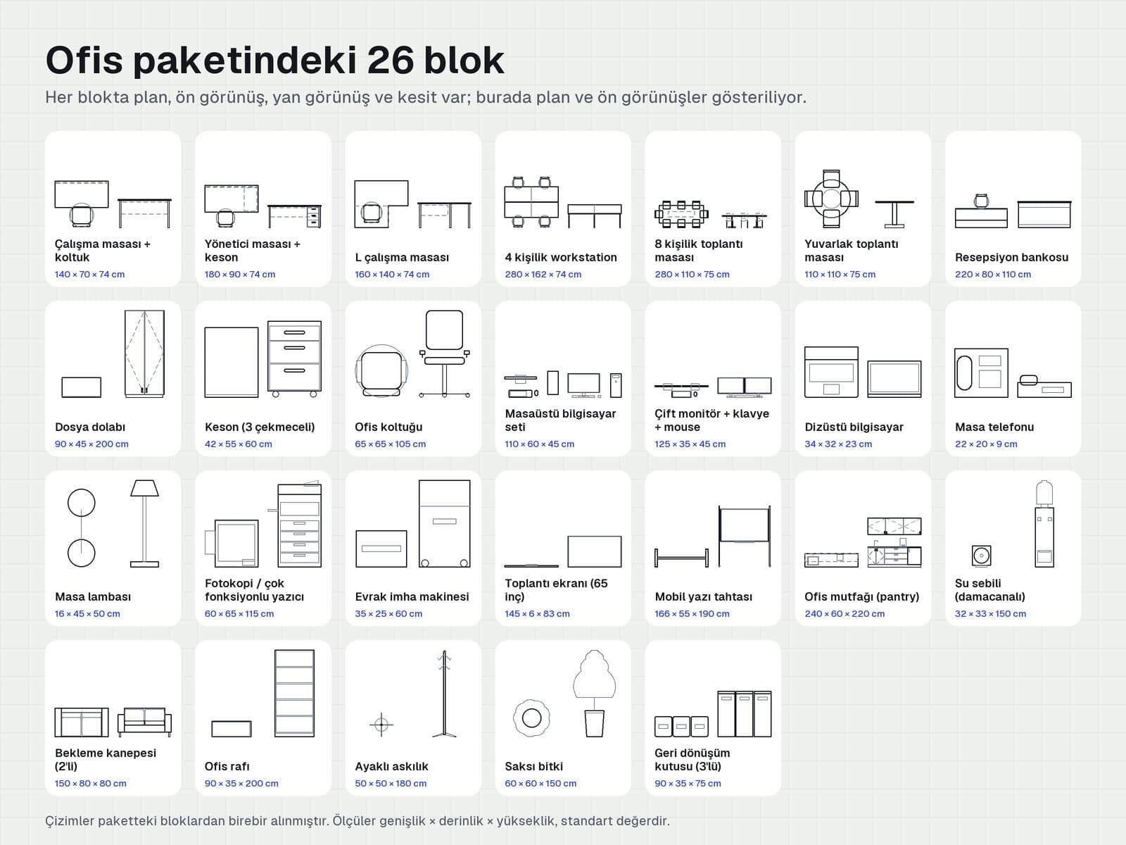 Ofis paketindeki 26 bloğun plan, ön, yan görünüş ve kesitleri
