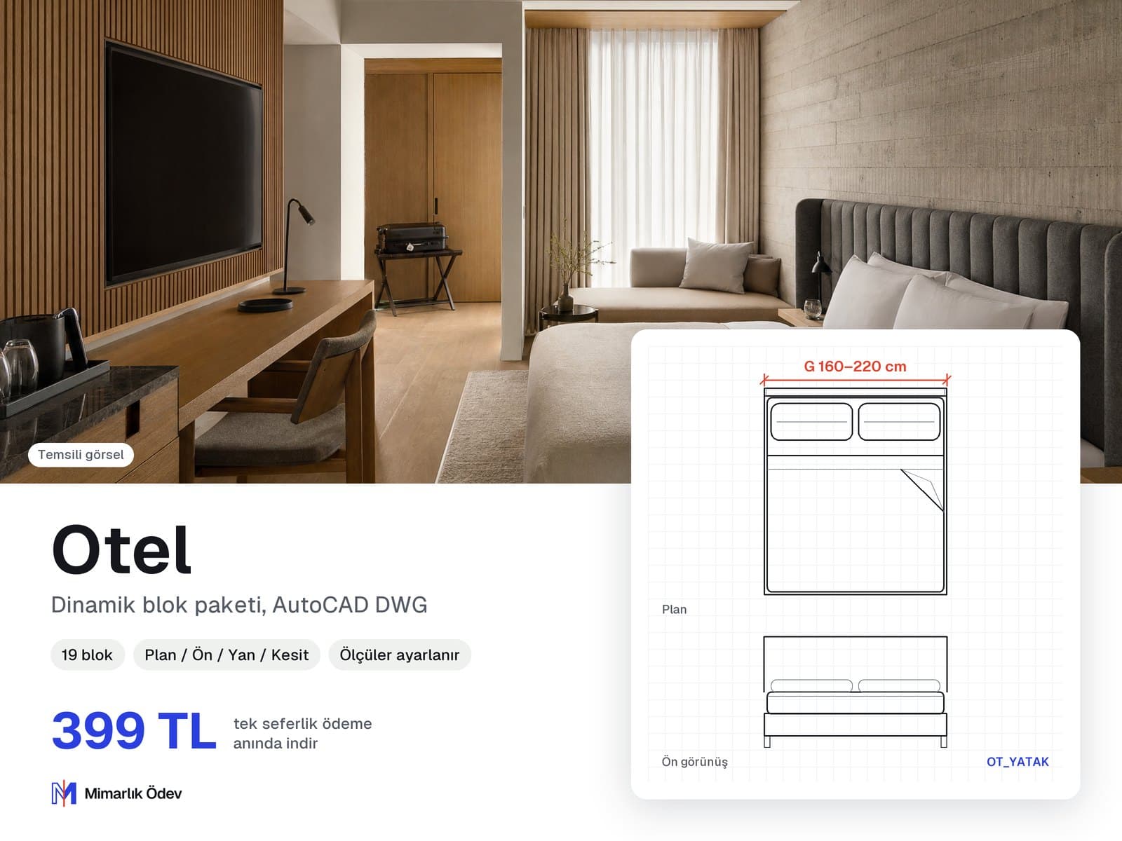 Otel tefriş blokları DWG: örnek bloğun plan ve ön görünüşü