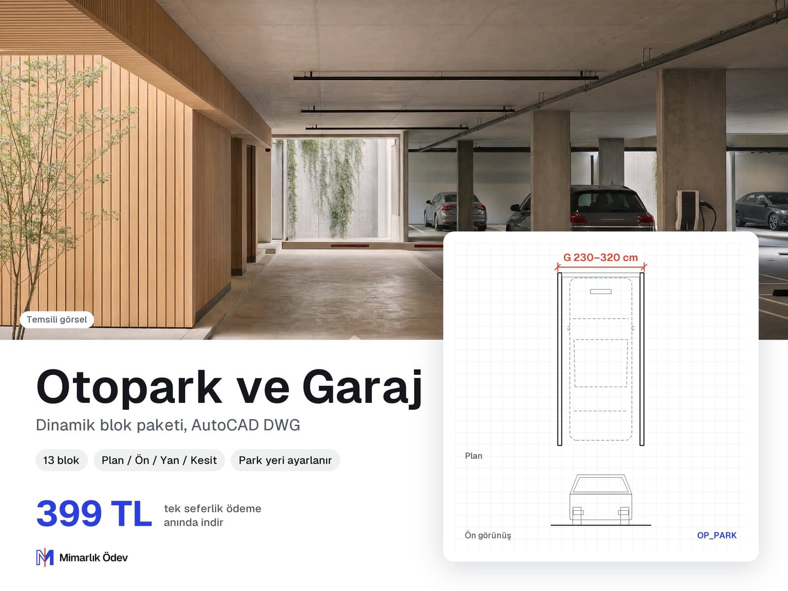 Otopark ve Garaj tefriş blokları DWG: örnek bloğun plan ve ön görünüşü
