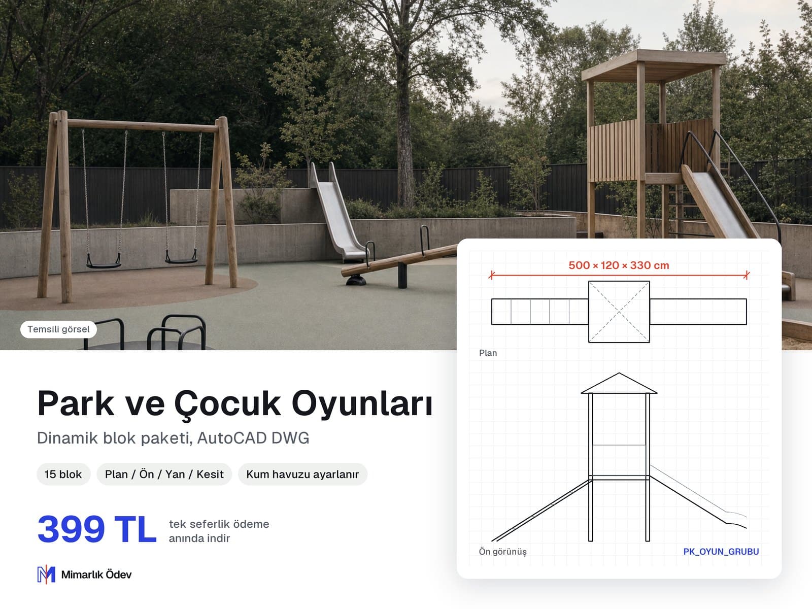 Park ve Çocuk Oyunları tefriş blokları DWG: örnek bloğun plan ve ön görünüşü