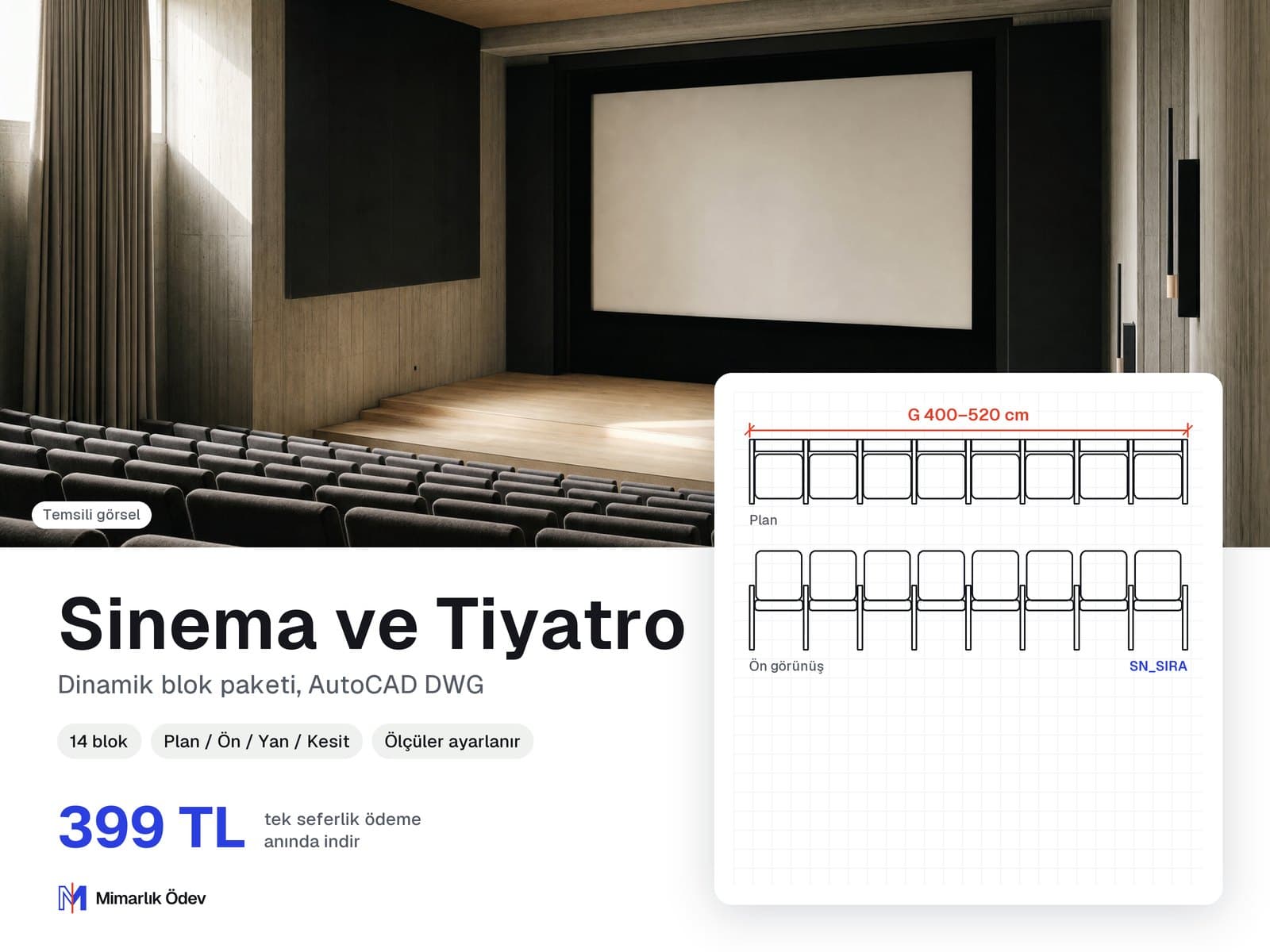 Sinema ve Tiyatro tefriş blokları DWG: örnek bloğun plan ve ön görünüşü