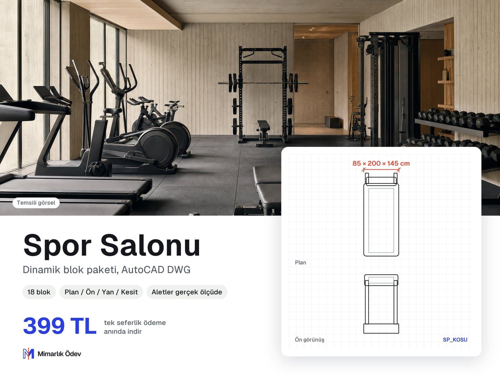 Spor Salonu tefriş blokları DWG: örnek bloğun plan ve ön görünüşü