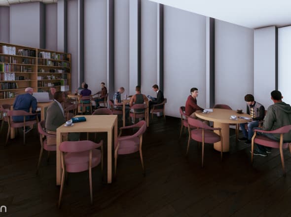 İç mekân render: kütüphane ve okuma alanı