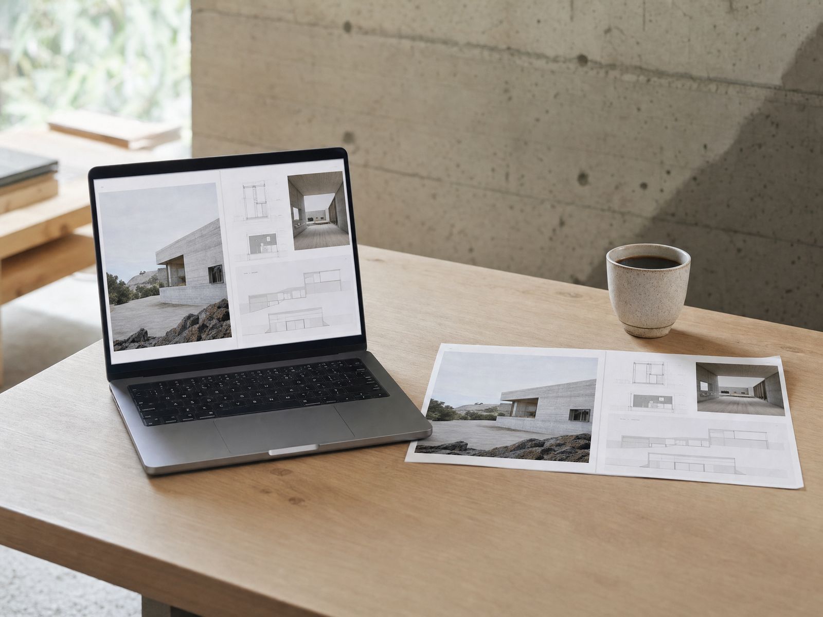 Masada dizüstü bilgisayar ekranında açık PDF mimarlık portfolyosu ve yanında aynı sayfaların basılı hâli